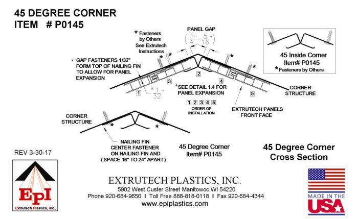 Extrutech 1/2" 45 Degree Inside Corner, White