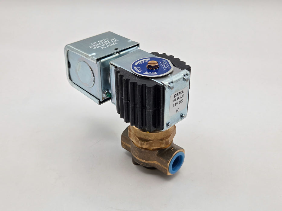 DEMA Brass High Pressure Solenoid Valve, SS Piston and Sleeve, Normally Closed, 3/8" 1200 PSI PTFE 12VDC Coil