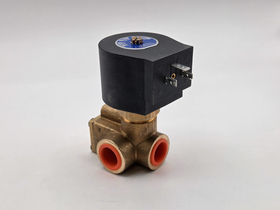 DEMA Brass High Pressure Solenoid Valve, SS Piston, Normally Closed, 1/2" 1200 PSI PTFE 24VAC DIN Coil