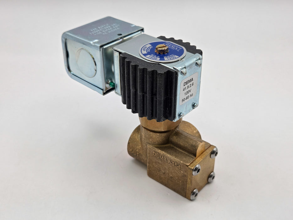 DEMA Brass High Pressure Solenoid Valve, SS Piston, Normally Closed, 1/2" 1200 PSI PTFE 120VAC Coil