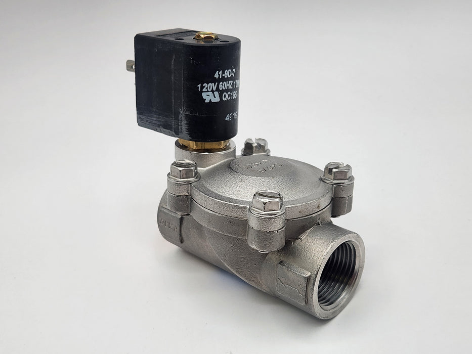 DEMA Stainless Steel Diaphragm Solenoid Valve, Normally Closed, 3/4" 150 PSI PTFE, 120V AC DIN Coil