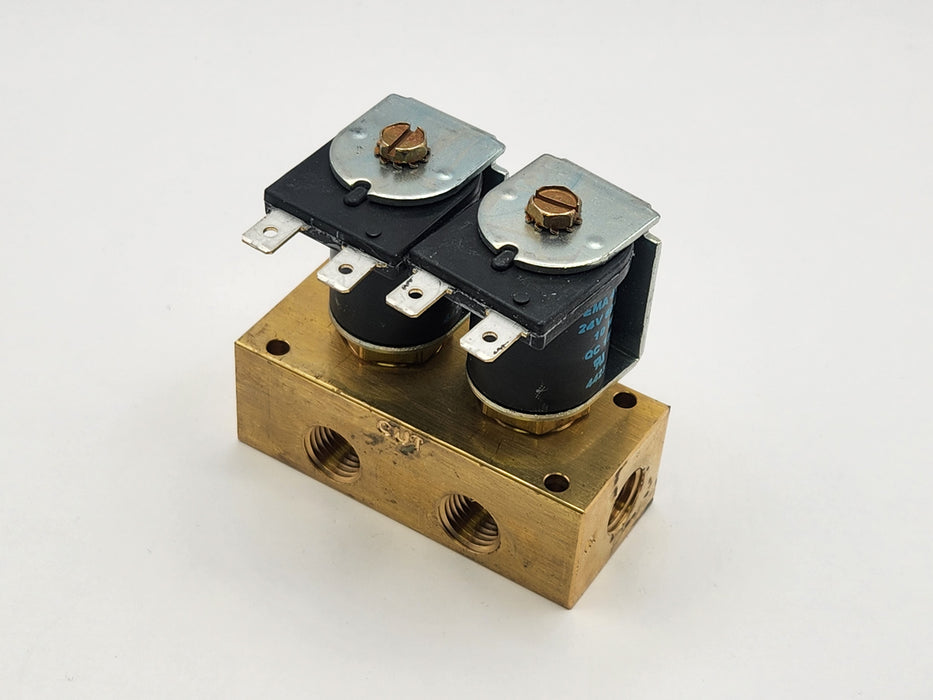 DEMA Brass Manifold Valve, 2 Station, Metering, NC, 1/4" NPT, 24 VAC Spade Coil