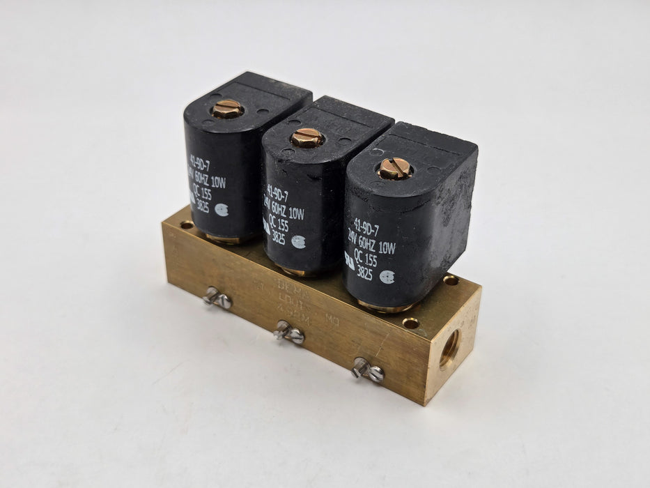 DEMA Brass Manifold Valve, 3 Station, Metering, NC, 1/4" NPT, 24 VAC DIN Coil
