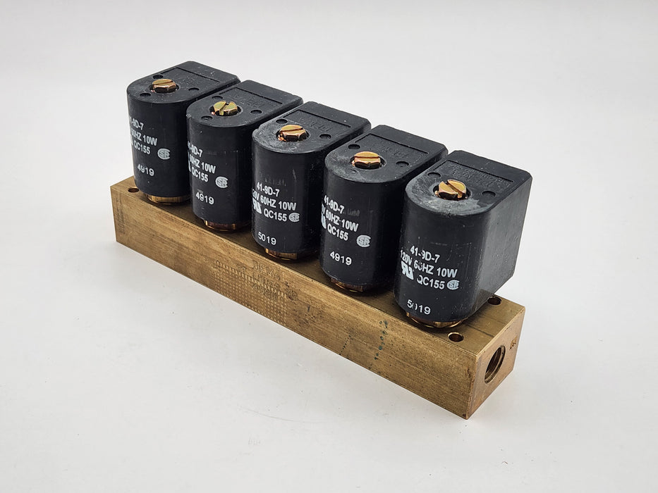 DEMA Brass Manifold Valve, 5 Station, Non-Metering, NC, 1/4" NPT, 120 VAC DIN Coil