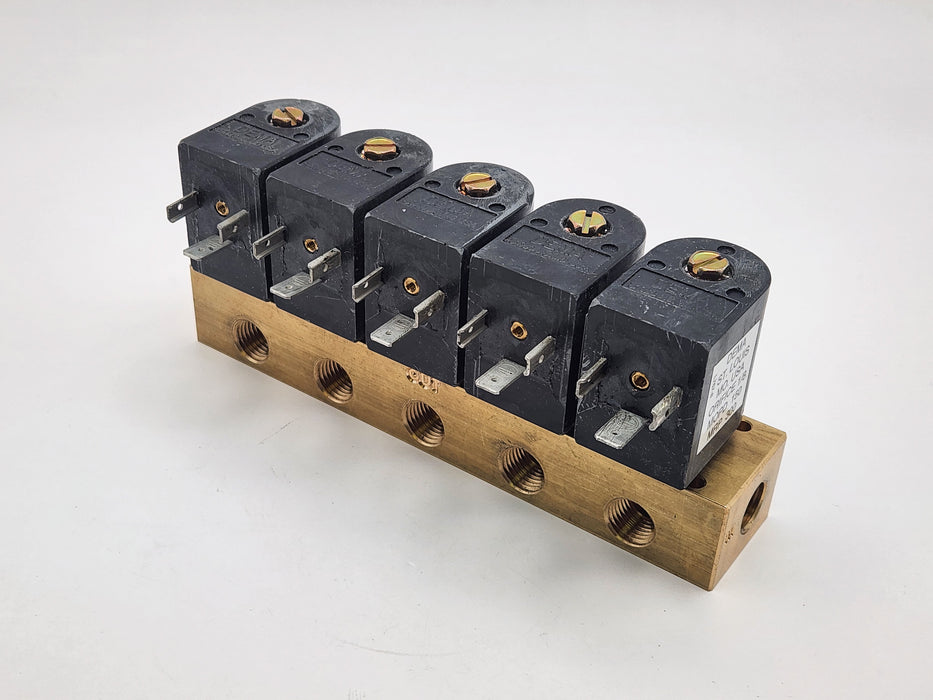 DEMA Brass Manifold Valve, 5 Station, Non-Metering, NC, 1/4" NPT, 120 VAC DIN Coil