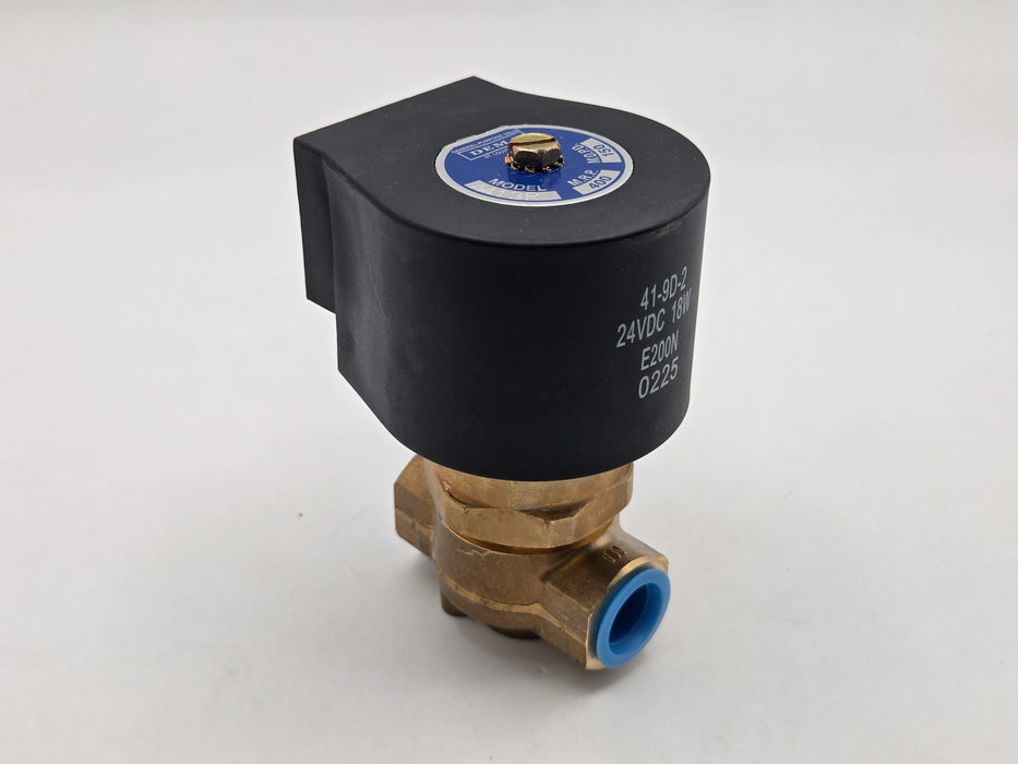 DEMA Brass Pilot-Piston Solenoid Valve, Normally Closed, 3/8" 150 PSI PTFE, 24V DC DIN Coil