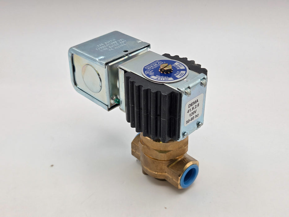 DEMA Brass Pilot-Piston Solenoid Valve, Normally Closed, 3/8" 150 PSI PTFE, 120V AC Coil
