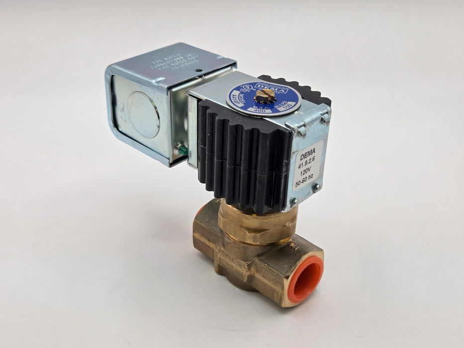 DEMA Brass Pilot-Piston Solenoid Valve, Normally Closed, 1/2" 150 PSI PTFE, 120V AC Coil