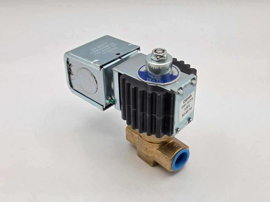 DEMA Brass Pilot Piston Solenoid Valve, Normally Open, 3/8" 150 PSI PTFE, 120V AC Coil