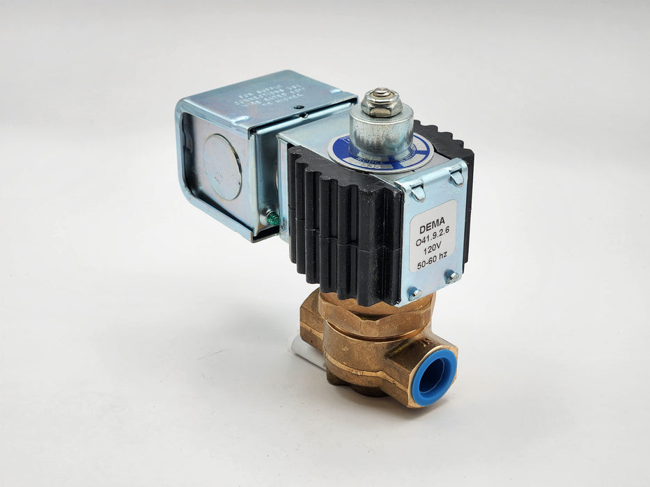 DEMA Brass High Pressure Solenoid Valve, SS Piston, Normally Open, 3/8" 1200 PSI PTFE, 120VAC Coil