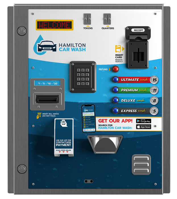HAMILTON GBFACACHIACZZZZ Goldline Paystation Kiosk, Free Standing Cabinet, Hamilton XE Validator (USA), Two Slugbuster US Coin Acceptors, US Quarter (11-8640) US Quarter, Mag Stripe Credit Card and Receipt Printer, Keypad and Barcord Reader, Std Panel