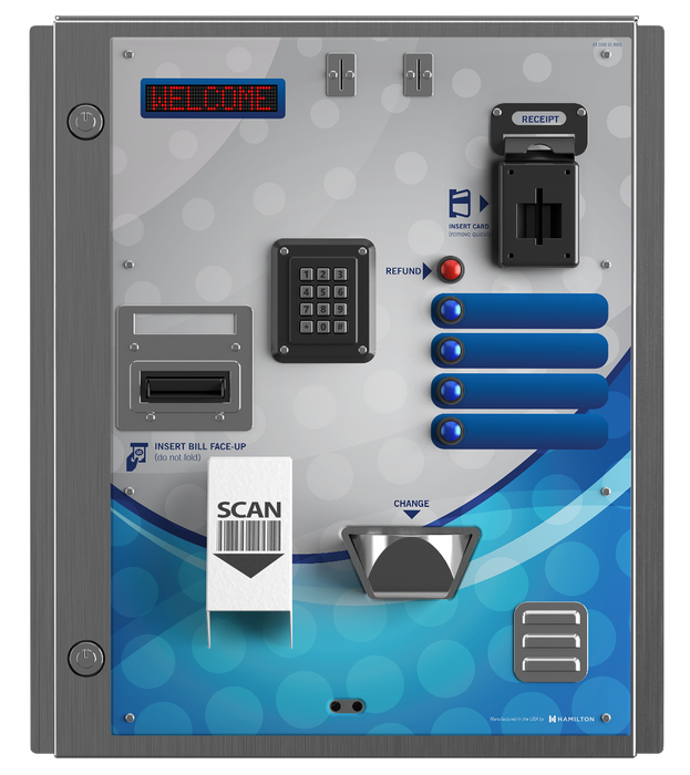 HAMILTON GBFACACHIACZZZZ Goldline Paystation Kiosk, Free Standing Cabinet, Hamilton XE Validator (USA), Two Slugbuster US Coin Acceptors, US Quarter (11-8640) US Quarter, Mag Stripe Credit Card and Receipt Printer, Keypad and Barcord Reader, Std Panel