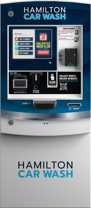 HAMILTON HTKEFCCAYFBKZZZ HTK Paystation Kiosk, Brick-In Cabinet, XE Validator (USA), Two 4800 Capacity US Quarter Hoppers, Dual Bill Dispensers, Door Wrap (Std), Std Controller, IDTech 6800 and Receipt Printer