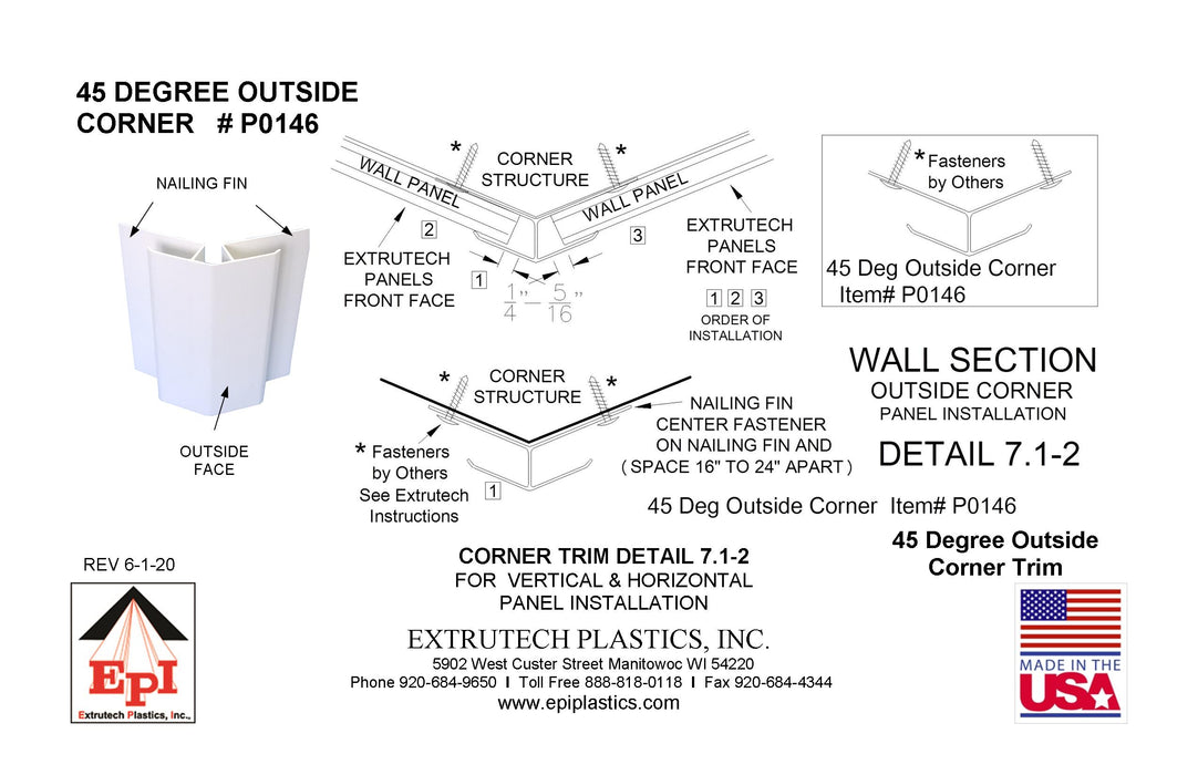 Extrutech 1/2" 45 Degree Outside Corner, White